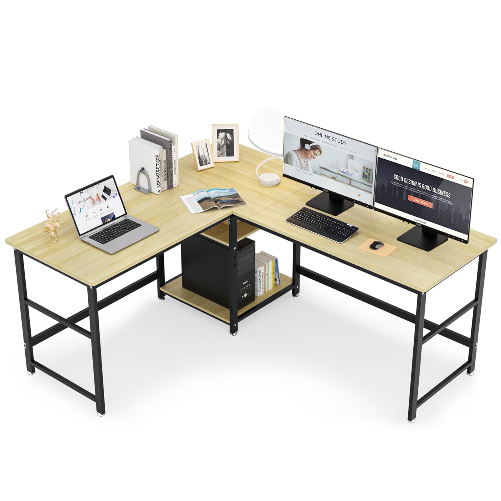 DEWE 超ワイド字デスク パソコンデスク 幅170+150cm 奥行60cm 可動収納棚付き オフィスデスク コーナーデスク メラミン加工 ア