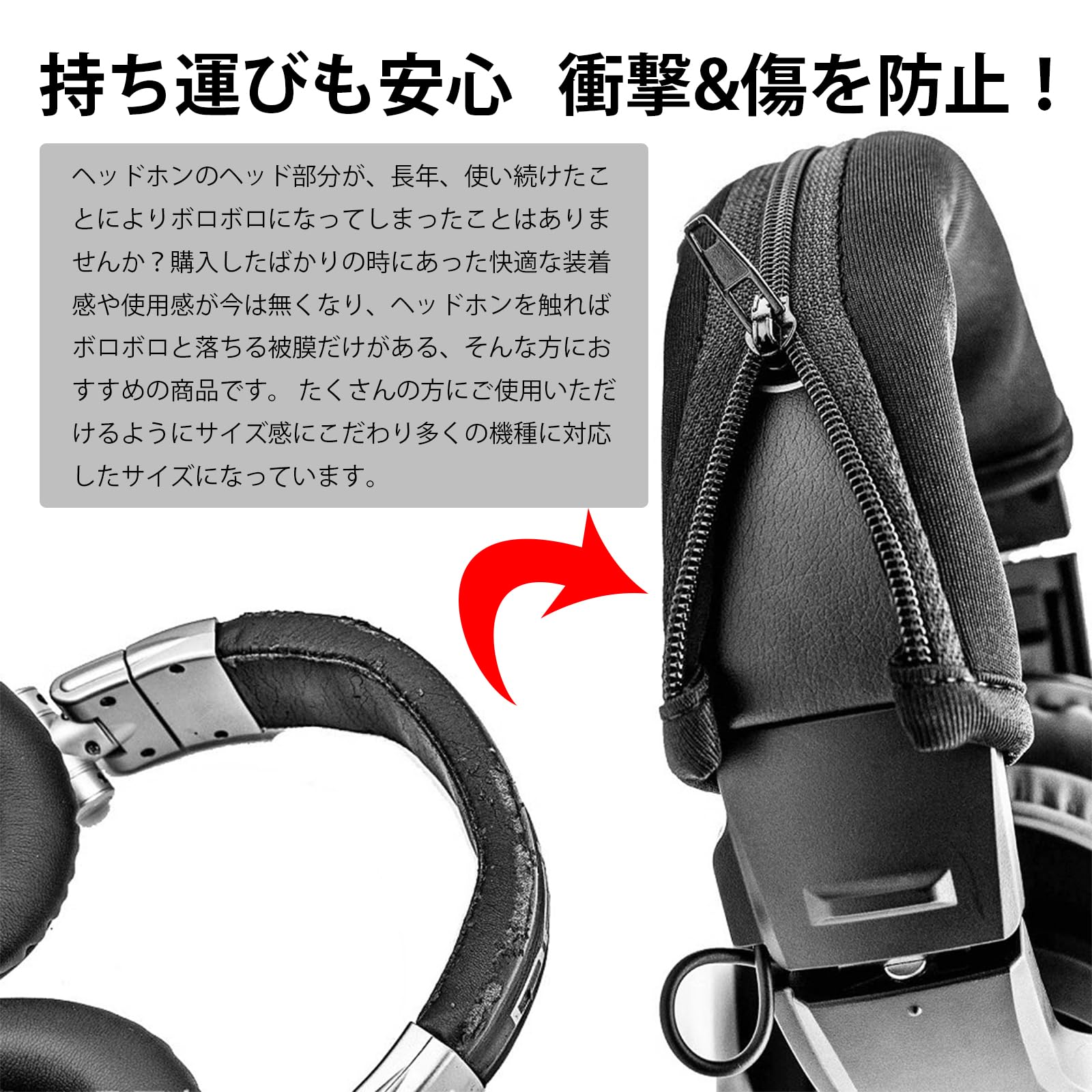 YFFFDC ヘッドホン カバー 交換用 汎用 ジッパー式 ヘッドバンドプロテクター 保護 劣化 対策 水洗い可能 簡単に装着 黒