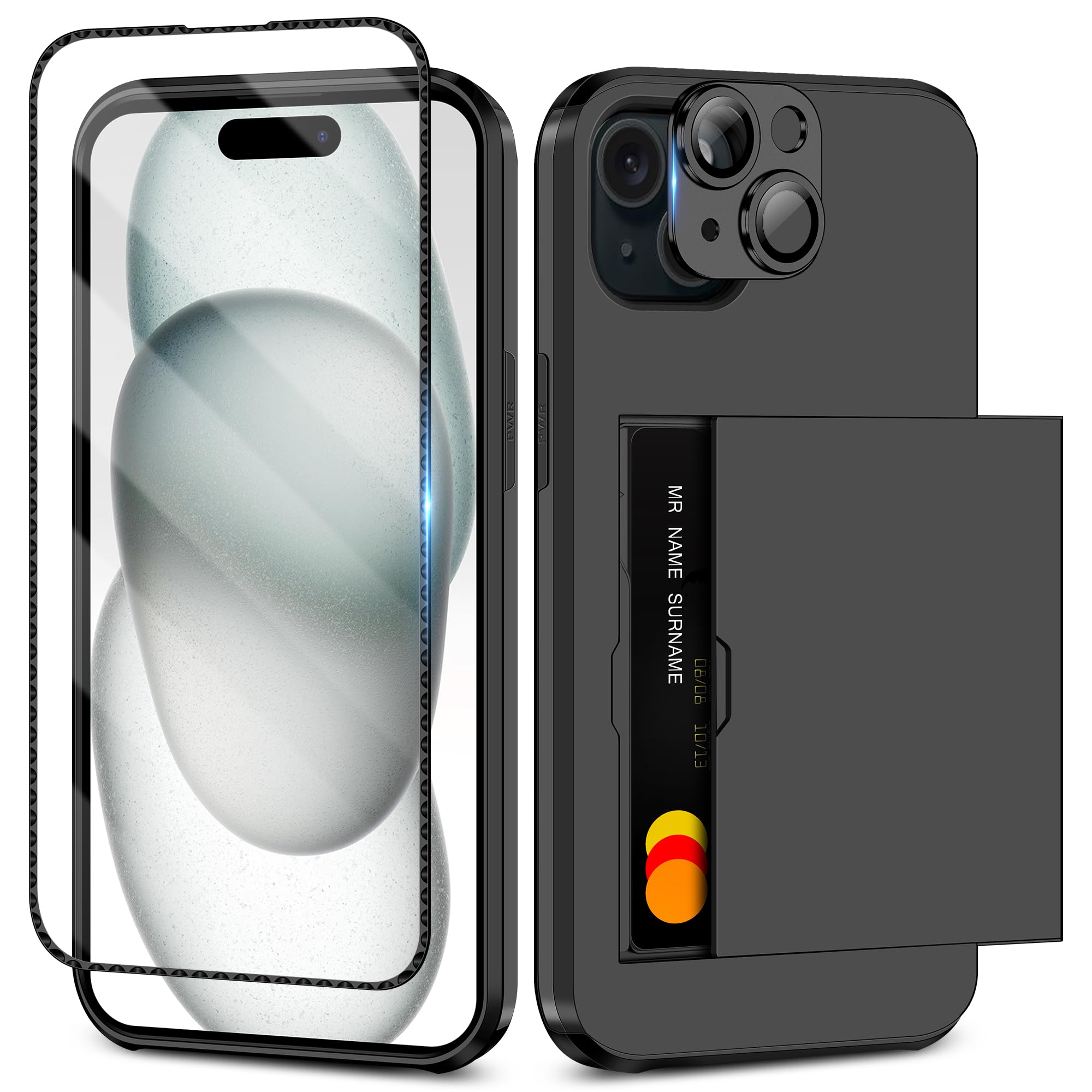 樂天商城 - スマホケース iPhone 15用 ケース アイフォン15用 ケース カード収納 背面 9H強化ガラスフィルム付き カメラレンズカバー保護付き