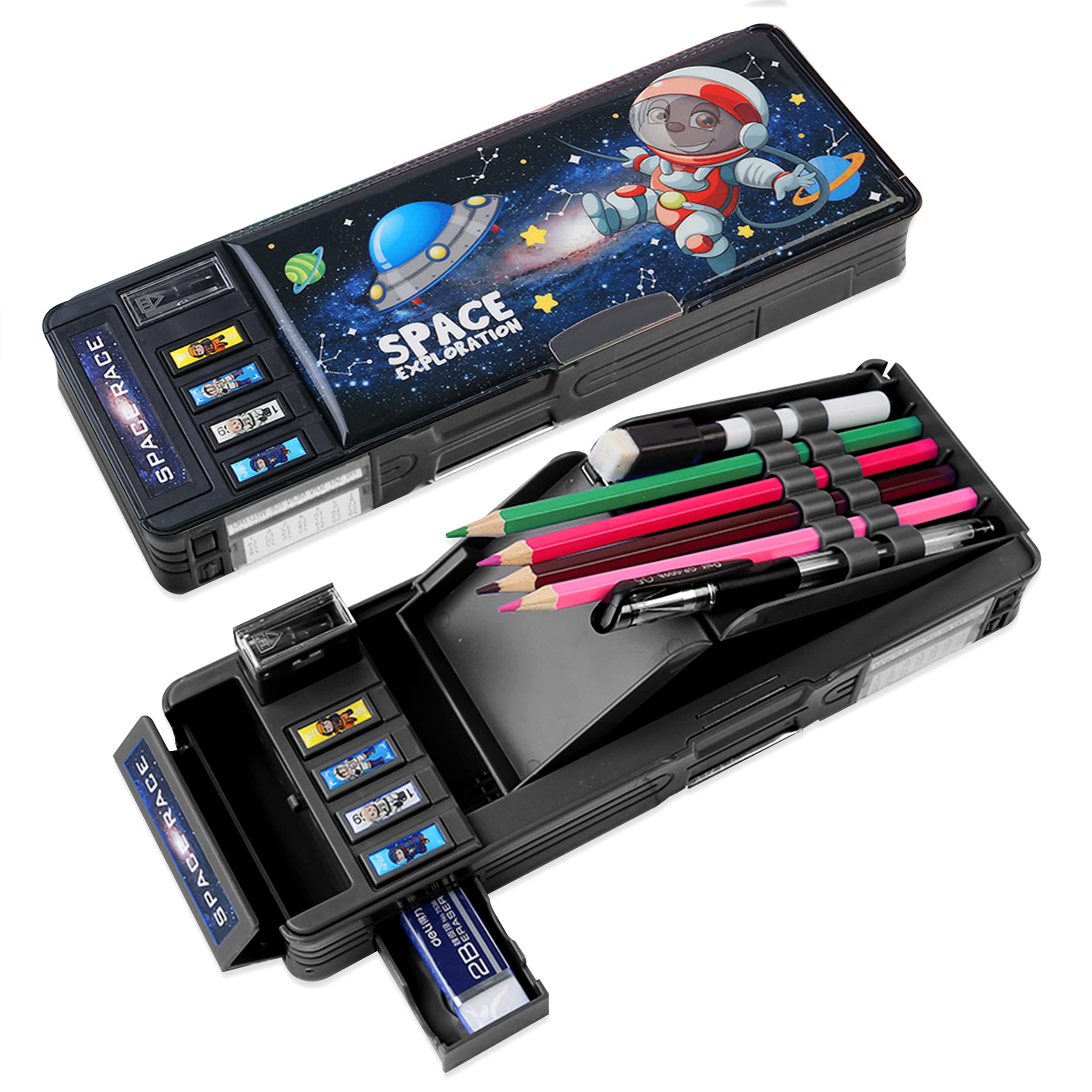 ilybeauty 筆箱 ペンケース 小学生 女の子 男の子 多機能筆入 ふでばこ 両面開き 鉛筆削り付き 文房具 可愛い ブラック