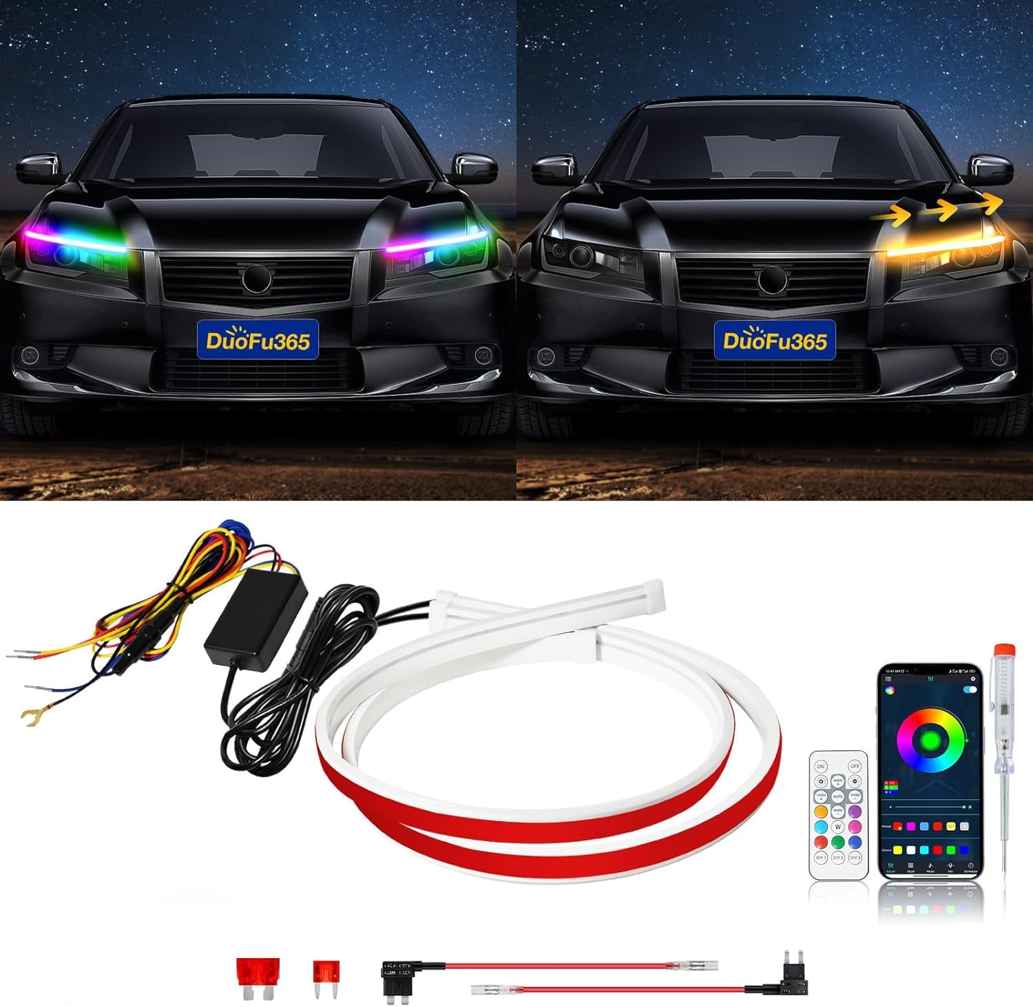 DUOFU365 EDテープ フードライト 車用 極薄型 色切替 シーケンシャル流れる 防水 側面発光 汎用タイプ ボンネットライト 本入り シ