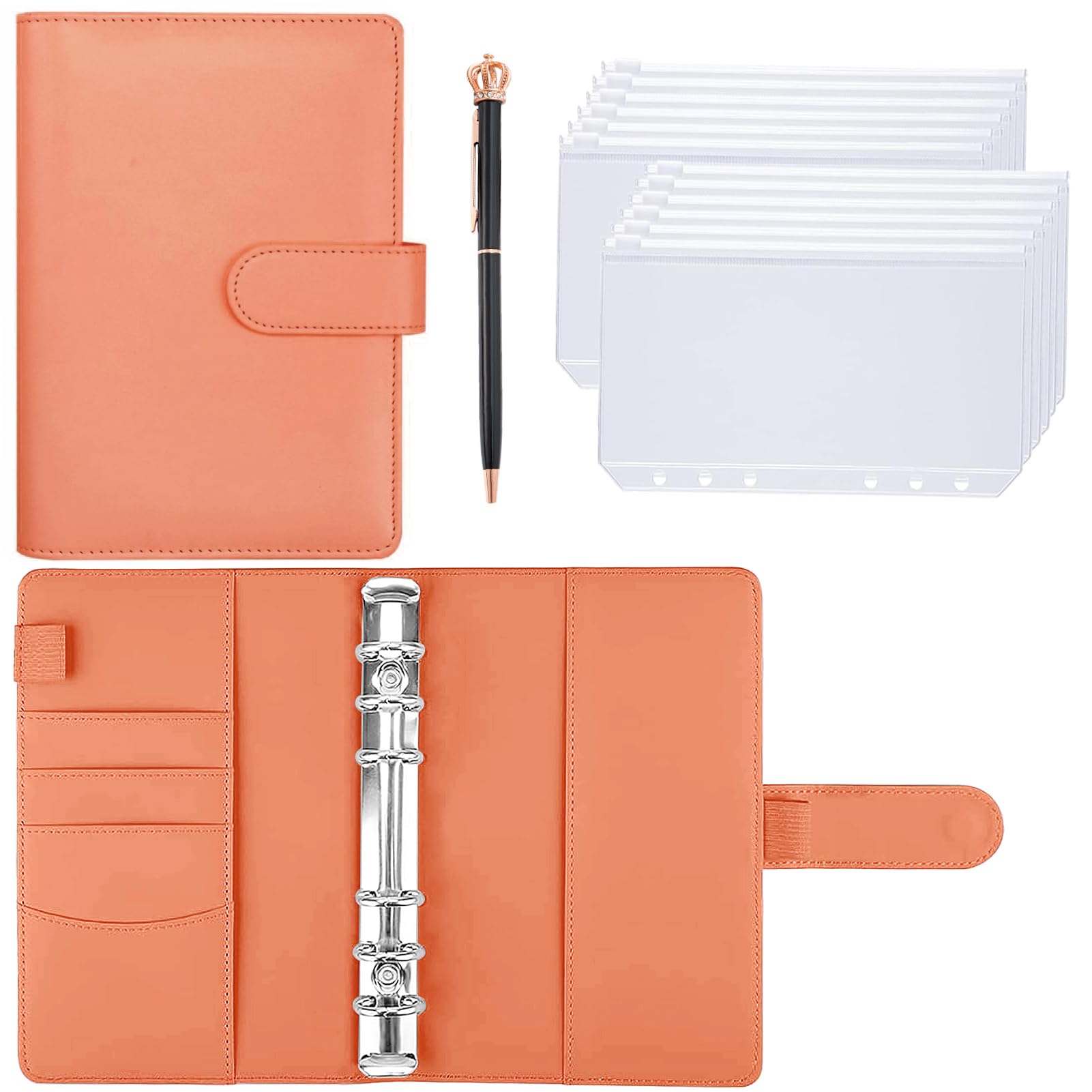 EEROWEEWORD A6 バインダー 6穴 予算バインダー PUレザー ポケット1個付き ボールペン付き便利セット ..