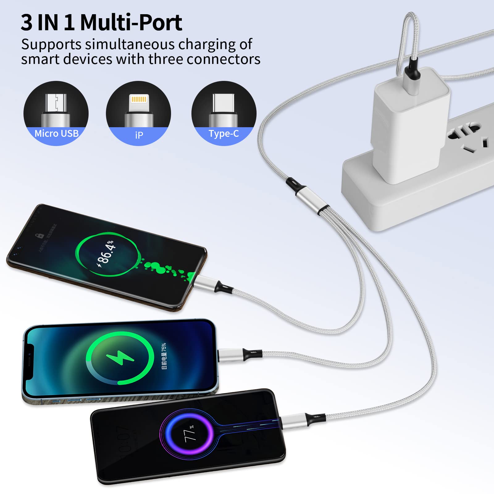 マルチ充電ケーブル、マルチ3 in 1 iPhone充電ケーブル、ning/ype/Micro Bユニバーサルポートアダプタ、1.8M/6Fロン