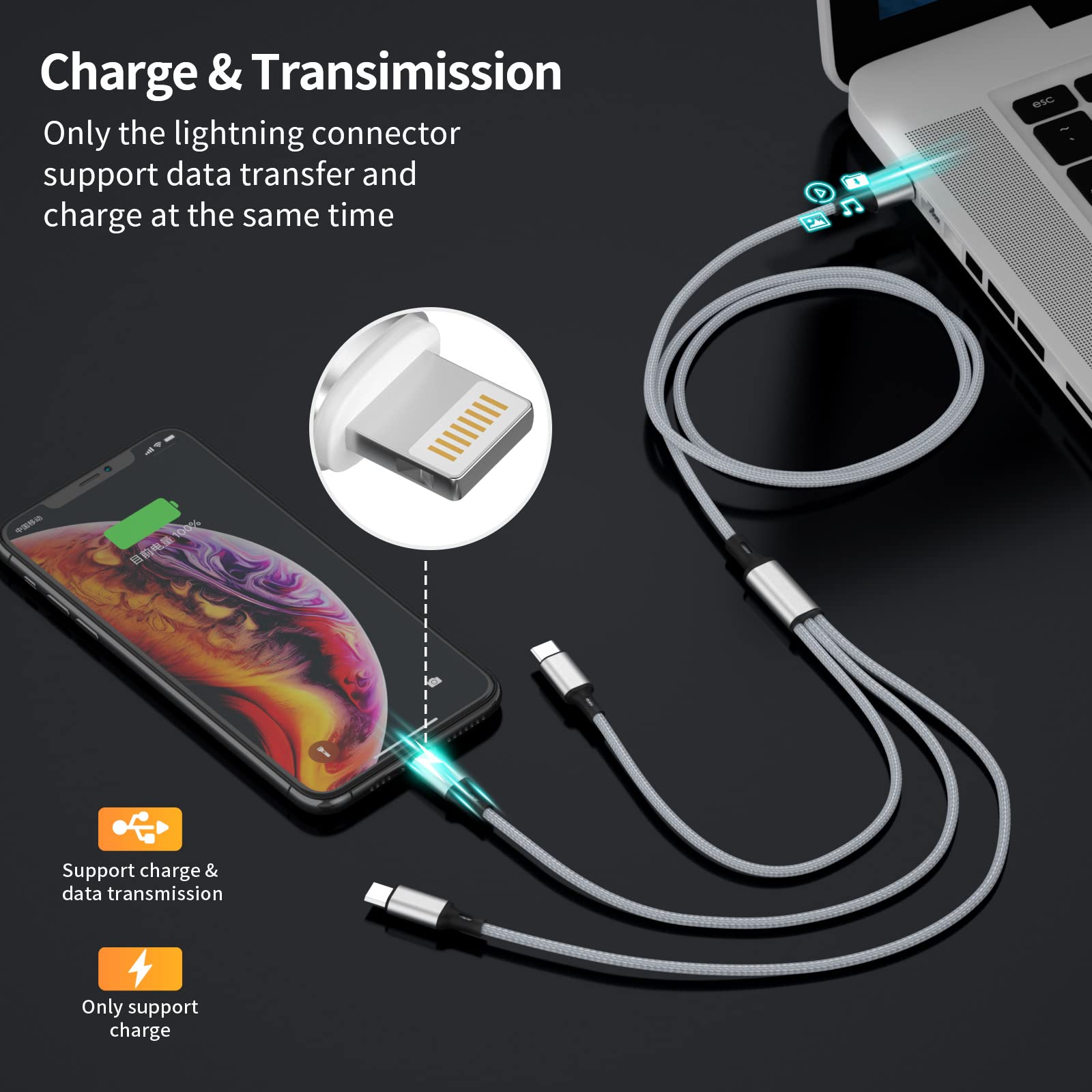 マルチ充電ケーブル、マルチ3 in 1 iPhone充電ケーブル、ning/ype/Micro Bユニバーサルポートアダプタ、1.8M/6Fロン