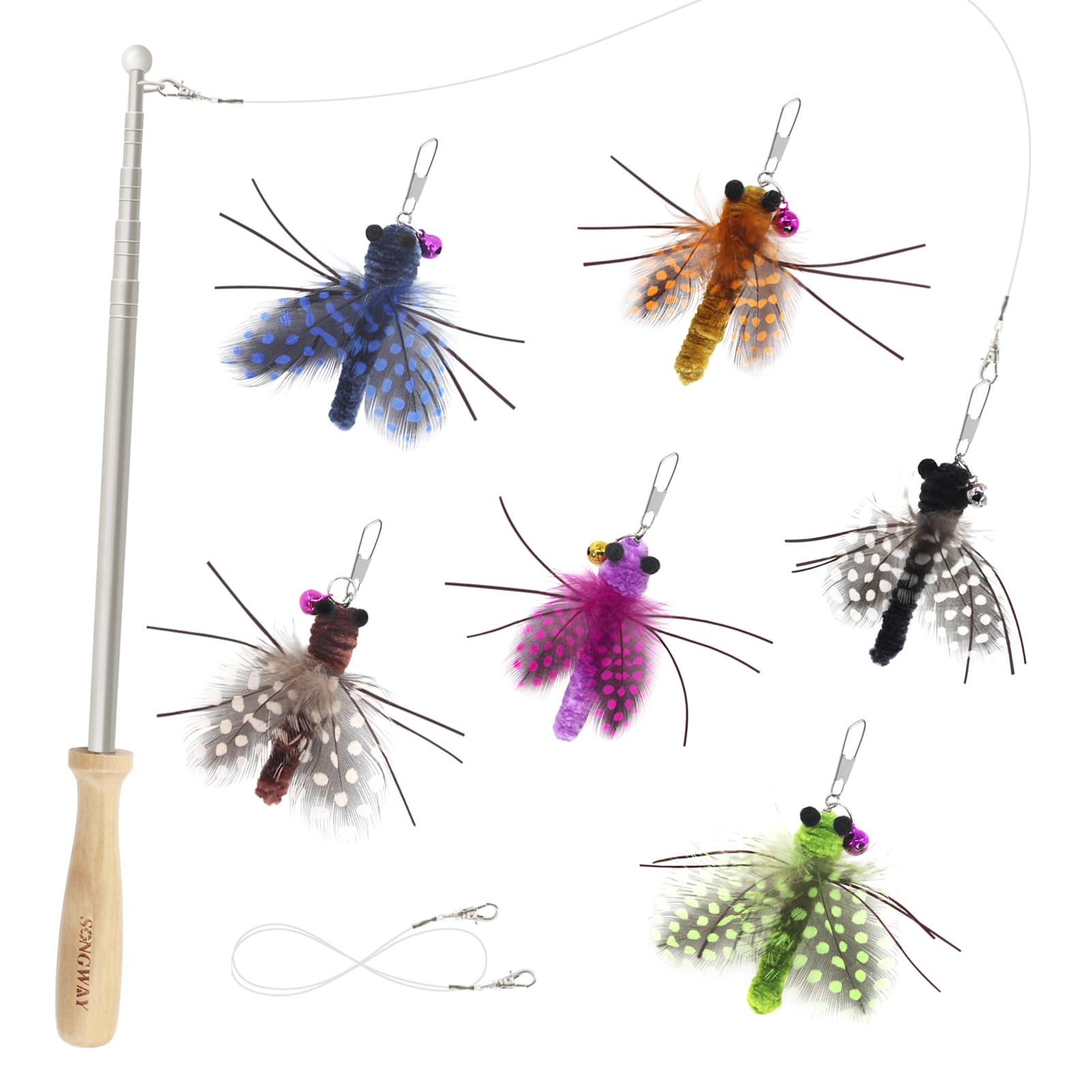 猫おもちゃ虫 ねこじゃらし羽 ねこ玩具 昆虫 6個大飛ぶ虫 純木の手持ち釣り竿
