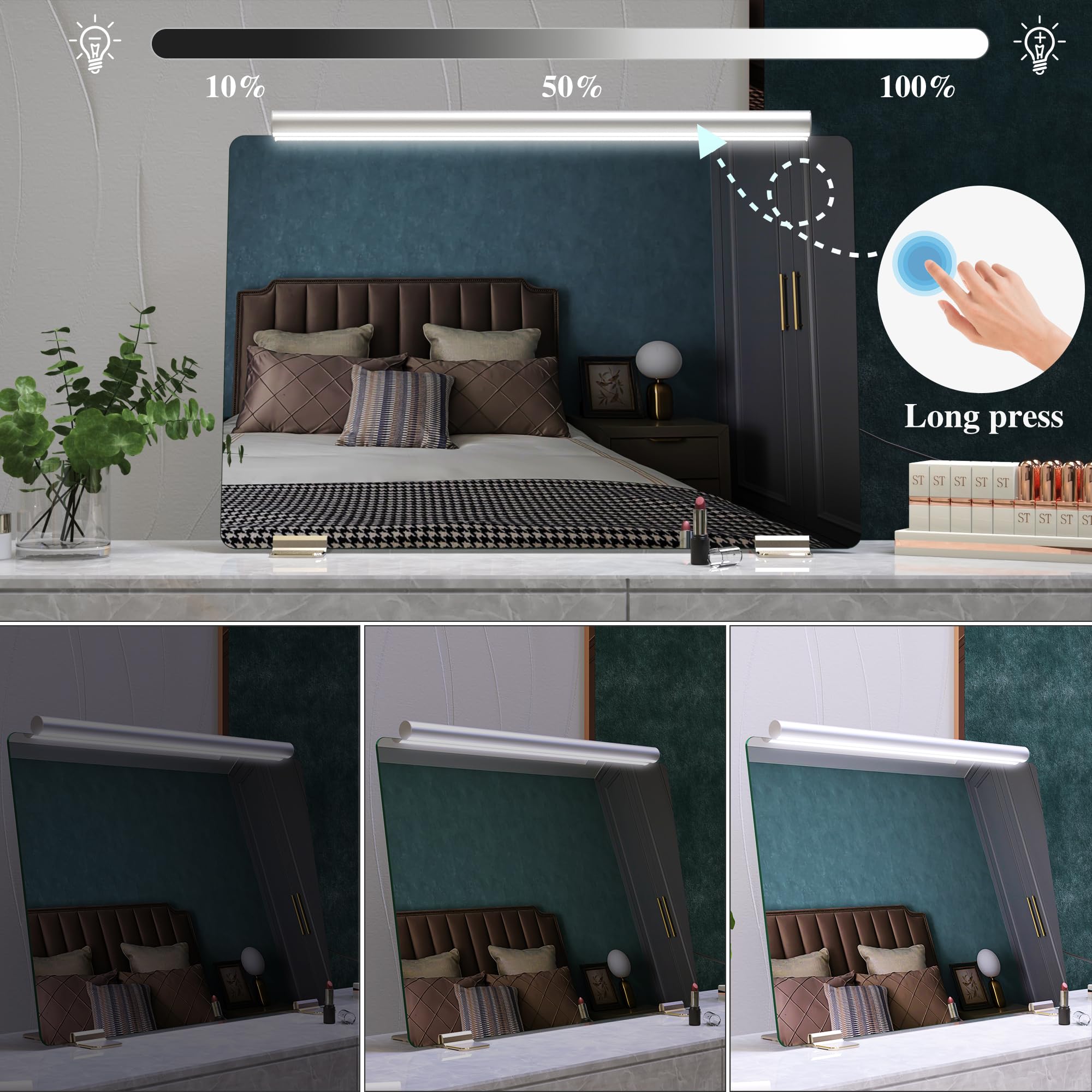 onst 女優ミラー 化粧鏡 3色調光 明るさ調節可能 女優ライト 卓上 ミラー大型 化粧鏡 ドレッサー 60*42CM 全鏡面