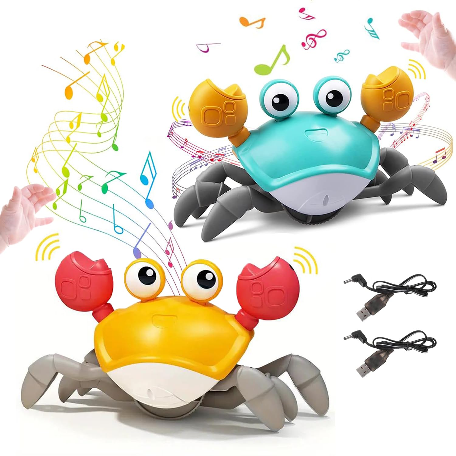 Heculos カニ おもちゃ 2点セット動く 子供向け、音楽這うカニ、B充電式 シミュレーションカニおもちゃ、自動的に障害物を回避する、インタ