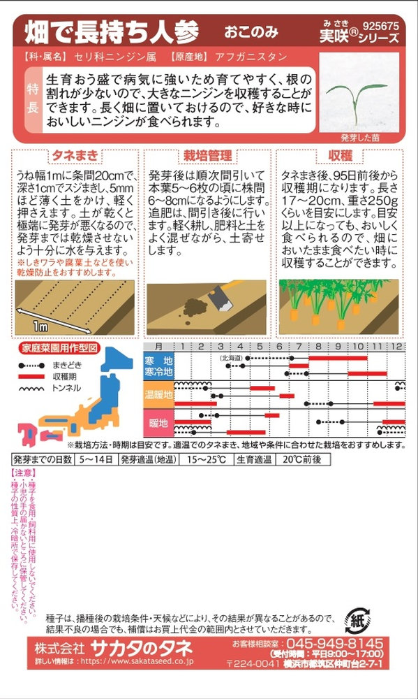 サカタのタネ　ニンジン 畑で長持ち人参「おこのみ」のタネ　3ml