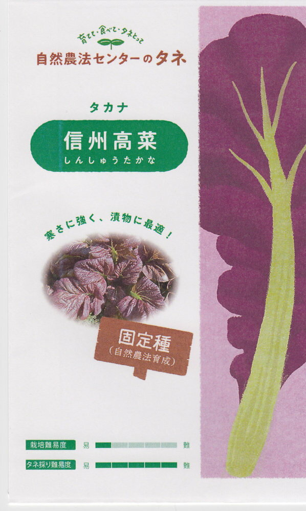寒さに強く、漬物に最適！ 自然農法センター 信州高菜 山形青菜と紫高菜の交雑から選抜育成。 株は大型、葉は濃紫で幅広く肉厚でバリバリしている。 寒さに強く冷涼地で9月上旬に播種し、10月下旬~11月上旬収穫。 株が大きく育ってきて寒さにあたると味が凝縮してくる。 たかな,タカナ,タカナ,高菜,信州高菜