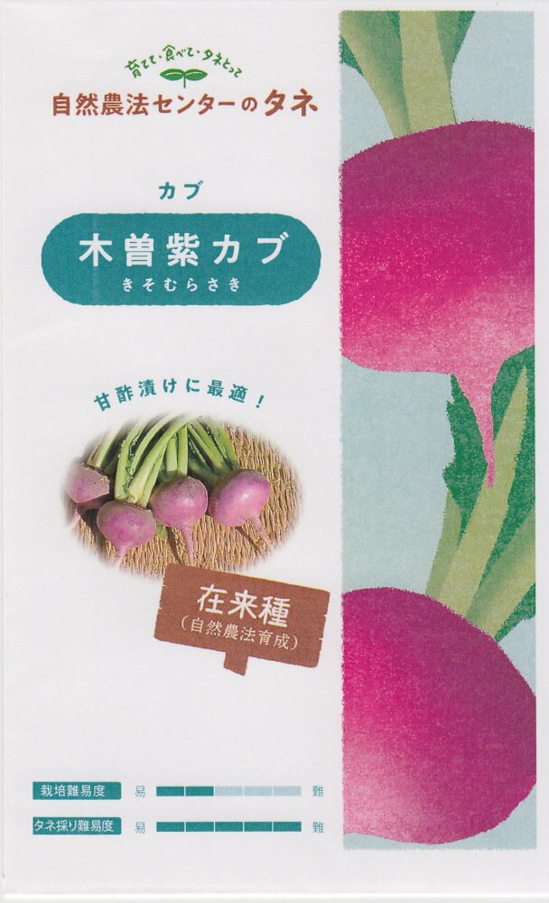 煮くずれしにくい固定種ダイコン 自然農法センター 甘酢漬けに最適！ 自然農法センター 木曽紫カブ 長野県木曽地方在来の木曽カブから選抜育成。 葉は開張し、欠刻が多い。 カブは腰高で大きく濃紫色となる。 甘酢漬けにすると薄紫色に染まり、美味。 秋まき専用 きそむらさきかぶ,キソムラサキカブ,キソムラサキカブ,かぶ,カブ,カブ,蕪,木曽紫カブ,木曽紫かぶ,木曽紫カブ ダイコン ふじ宮重 富士山麓の火山灰土壌にて育成した固定種。 収穫適期は、従来の宮重総太り等に比べて遅く、播種後75~80日。 作土の深い火山灰土壌に適し、根長35cm前後。 空洞症等の生理障害やカブモザイクウイルスに強い。 甘さと香気に富み、緻密な肉質で煮くずれしにくく、汁の実や煮炊き、漬け物などで美味しい。大根おろしは甘いが辛味も強い。 ふじみやしげ,フジミヤシゲ,フジミヤシゲ,ダイコン,だいこん,ダイコン,大根,ふじ宮重,フジ宮重,フジ宮重