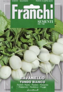 FRANCHI社　【ラディッシュ　TONDA BIANCO】 【特長】 早生種、真っ白で丸い、かわいらしいラディッシュです。一般地では冬の間、トンネル栽培ができます。 【種まき】 日当たり、水はけが良く有機質に富んだ肥沃な土に2〜3粒ずつを5cm間隔で点まきします。発芽までの約1週間は土の表面が乾燥しないように水やりを丁寧にします。 種が大きいので扱い易く、子供でも種まきが楽しめます。 【間引き】 株が健全に育つように間引きを重ね、本葉が4〜5枚に生育する頃までに1箇所1本に整えます。株の根元に有機肥料を混ぜた土で土寄せし、根元の土を少し押し固めるようにすると株の結球の形が良くなります。 また、土が乾燥すると根部が肥大しなくなるので、適度の湿り気を保つように水やりします。間引き葉はその都度サラダやスープ等で新鮮なうちに食します。 【収穫】 種まきから30〜40日で収穫でき、ほぼ周年簡単に栽培できます。収穫時期を逃すと球割れが出てくるので注意してください。 ※15cm以上の深さがあればコンテナ栽培でも楽しめます。 ●種まき　　1〜5月/8〜10月 ●収穫　　　3〜7月/10〜1月 ■生産地：イタリア　内容量：12g<お客様へお願い> こちらの種子は、趣味の範囲内でお楽しみいただくホビーユーザー向け商品です。 営利目的としてご利用の場合には、作物の不良等に関しての責任は一切負いませんので、 あらかじめご了承の上、ご購入お願いいたします。