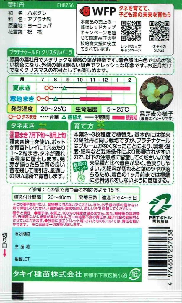 タキイ種苗 葉牡丹 プラチナケール　クリスタルバニラのタネ[内容量：約20粒]