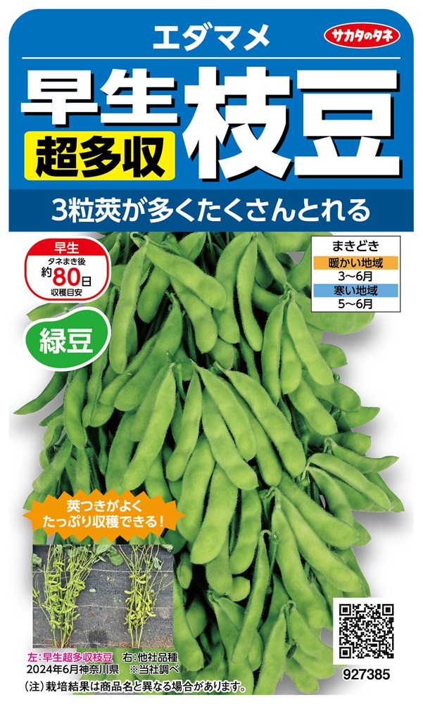 製造元：サカタのタネ3粒莢がたくさんとれる早生超多収枝豆 エダマメトンネルの要・不要や定植などの情報は商品パッケージをご確認ください。発芽日数5〜7日発芽適温25〜30度生育適温20〜25度畑プランターコンテナうね間約60cm株間約30cm特長3粒莢がたくさんとれて、たっぷり収穫できる大満足の早生枝豆です。生育も旺盛なので丈夫に育ち、高温下でも莢つきがよいので、とてもつくりやすいです。タネまき地温を15度以上確保します。うね間60cm、株間20cmで、1か所3〜4粒ずつ、深さ2cmくらいに点まきし、土をかけ軽く押さえます。鳥などの食害対策をおすすめします。栽培管理発芽後、本葉が開くころに間引いて2本立ちにします。間引き後と草丈30cm程度の時に、株元に土寄せを行い、倒伏を防ぎます。 追肥は、生育の悪い時に行います。 ※開花前後の乾燥は収穫量の低下を招くので十分に水やりをしましょう。収穫株の中央付近の莢が十分ふくらんだころに、株ごと引き抜くか、熟した順に莢をもぎとって収穫 します。※長く収穫を楽しむには10日程度の間をあけてタネまきするか、早晩性の違う品種を栽培しましょう。早生超多収枝豆の種子,早生超多収枝豆のタネ,エダマメの種子,エダマメのタネ,えだまめの種子,えだまめのタネ,枝豆の種子,枝豆のタネ2025/02/12 - ver.3.0