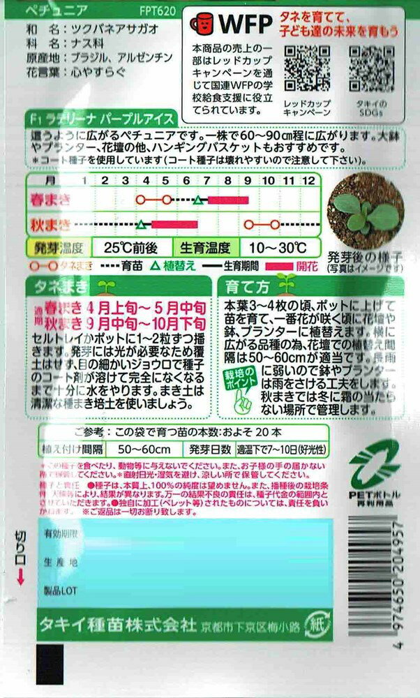 タキイ種苗 ペチュニア F1ラテリーナ パープルアイスのタネ[内容量：約30粒]