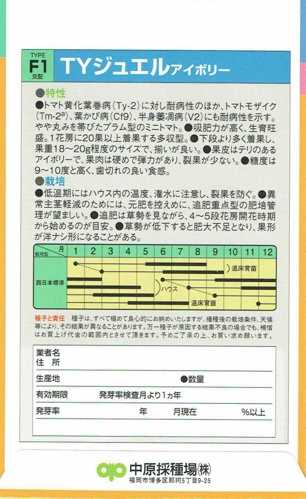 中原採種場 ミニトマト TYジュエル　アイボリーのタネ[内容量：約12粒]