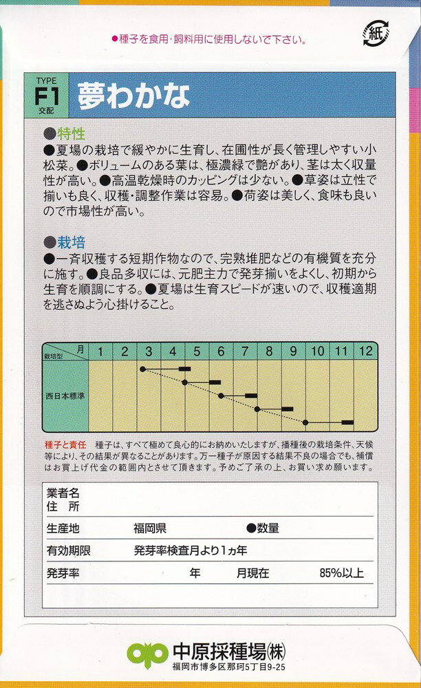 中原採種場 コマツナ 夢わかなのタネ(ゆめわかな)[内容量：7ml]