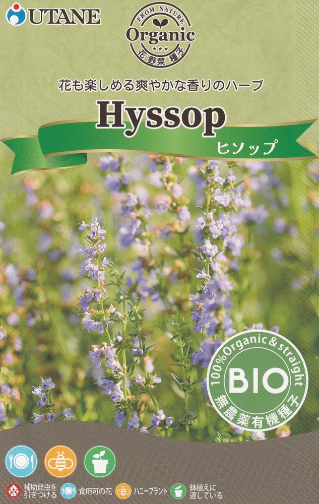 製造元：ウタネ花も楽しめる爽やかな香りのハーブヒソップ固定種有機栽培種子栽培適温15〜20度特性多年草、ミントに似たすっきりとした清涼感のある香りと、ほろ苦さが特徴です。葉は料理やハーブティー、花は飾りやハーブティー、茎はポプリやアロマなどに使われます。育て方連結ポットなどにタネを2〜3粒まきます。本葉2〜3枚になったら1本に間引きます。生育が進んだら、鉢植えやプランターなどに植えます。2年目からは、ゆっくり効くタイプの肥料を追肥として与えます。関東目安のまき時期3月 4月 5月 6月 9月 10月収穫時期6月 7月 8月 9月 10月 11月有機種子の定義有機種子とは、化学肥料や農薬を一切使用せず、遺伝子組み換え技術も用いない有機農法で育てられた作物から採取された種子であり、採取後の消毒もされていないものです。ヒソップの種子,ヒソップのタネ,ひそっぷの種子,ひそっぷのタネ2026/08/06 - ver.3.0