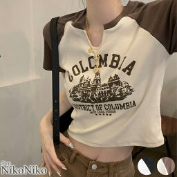 【クーポンで30％オフ→1,756円】チビTシャツ クロップド丈 ラグラン スリットネック Vネック ma 【即納】 チビT 小さめ y2k 半袖 スリット ヘンリーネック ロゴ レタリング バイカラー Y2Kファッション 韓国ストリート レディース プチプラ トレンド 人気 おすすめ