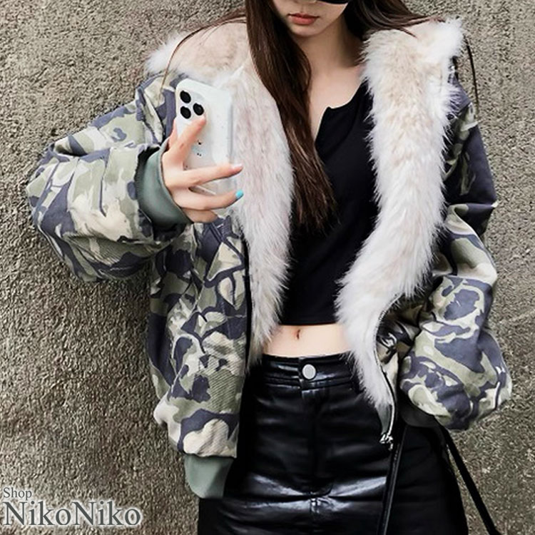 カモフラ フェイクファー マウンテンカービングジャケット【即納】グランジファッション 韓国ギャル 長袖 ファージャケット フード付き 暖かい 厚手 高身長 メンズライク レディース 韓国 Y2Kファッション 韓国ストリート 流行り トレンド かわいい