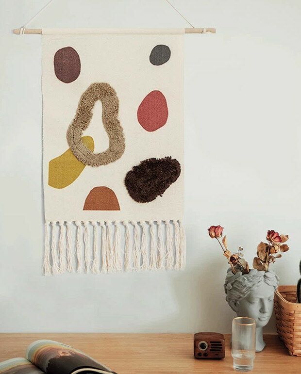 新生活 ラインアート柄 フリンジタペストリー ウォール ジャガード織り ハンギング 壁掛け
