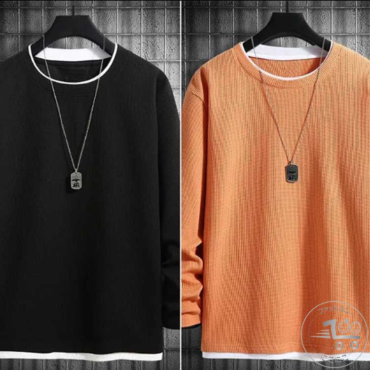 新生活 カットソー レイヤード風 トレーナー ワッフル 長袖 ゆったり プルオーバー 秋 おしゃれ 重ね着..