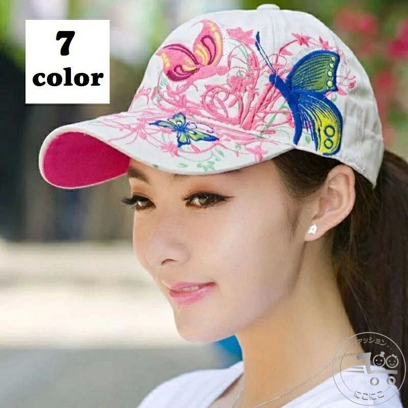 キャップ 帽子 刺繍 バタフライ 蝶々 アジャスターベルト フェイクレザーベルト 英字ロゴ バックロゴ おしゃれ 可愛い 女の子 ファッション小物 レディース