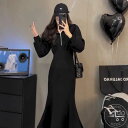 新生活 ワンピース 高級感 パーカーワンピース マーメイド 長袖 韓国風 大きサイズ 秋冬 着?せ ハッフジップ エレガント 折り襟 無地 パフスリーブ ぽわん袖 M L XL 3XL 秋冬 2XL