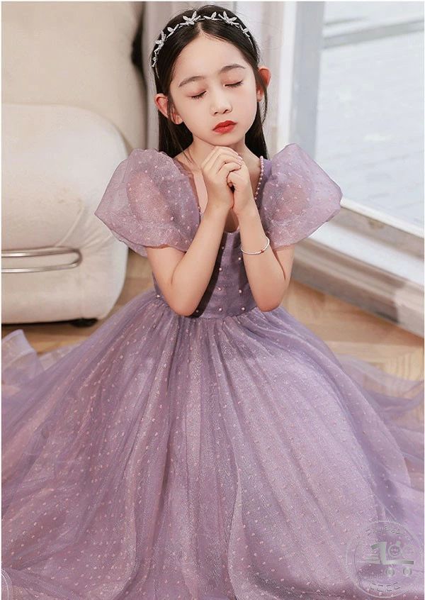 新生活 フォーマ 女の子 キラキラ チュール ドレス 子供 オフショルダー ピアノ発表会 ロングドレス パフスリーブ ワンピース パープル