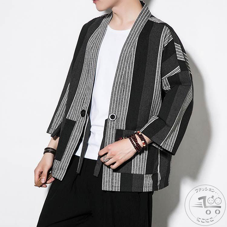 新生活 羽織り カーディガン メンズ 大きいサイズ 麻 七分袖 ストライプ 縦縞 リネン混 綿混 和柄 和服 法被 甚平 作務衣風 ジャケット 夏 涼しい 祭り 着物 和風 カジュアル 服 シャツ 部屋着 トップス