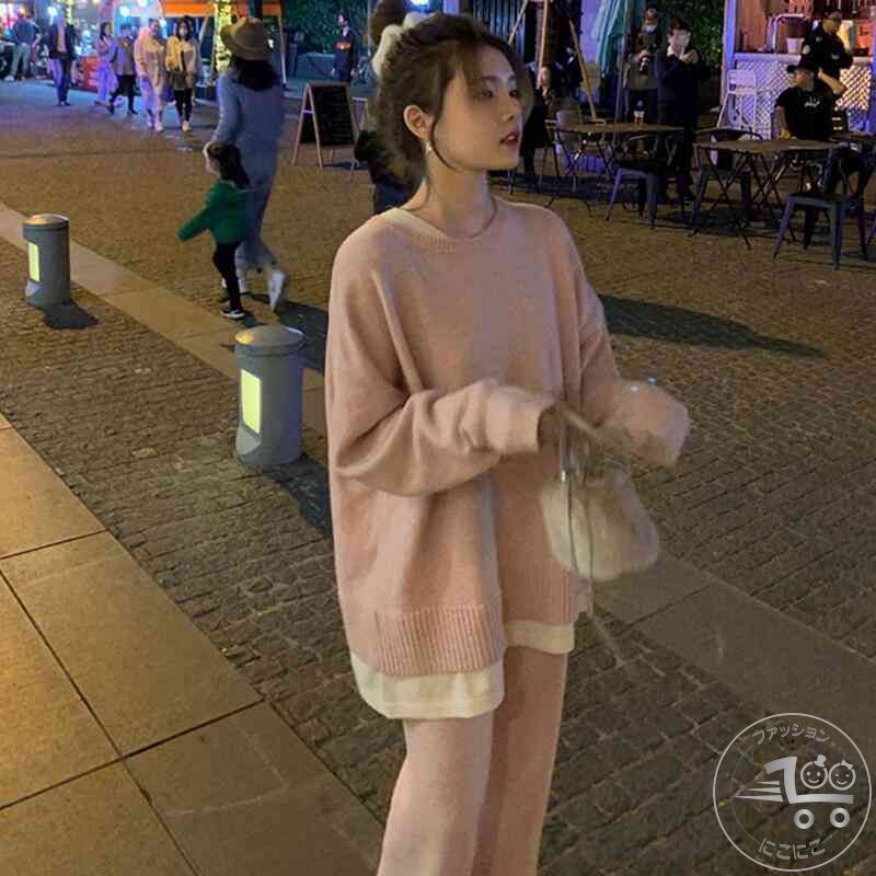 新生活 かわいい オシャレ きれいめ ゆったり 2点セット ラウンドネック 2点セット セットアップ 長袖 レディース ニット パンツセット
