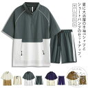 メンズ 上下セット ハーフジップ Tシャツ 半袖 配色 バイカラー 立ち襟 ハーフパンツ ショートパンツ 薄手 速乾 カジュアル ルームウェア 部屋着 ストリート系 スポーツ アウトドア キャンプ おしゃれ かっこいい