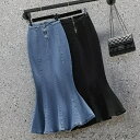 「50%OFFクーポン」新生活 スカート フレア マーメイドスカート デニム タイトスカート ボトムス レディース ミモレ丈スカート ミディアム丈 ミモレ丈 膝丈 ひざ丈 ハイウエスト 体型カバー ストレッチ ハイウエストスカート 春 秋