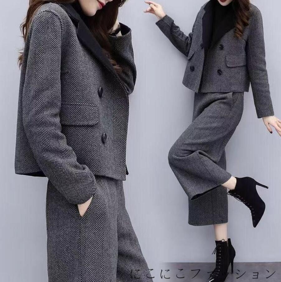 新生活 セットアップ パンツスーツ 上下セット 2点セット トップス ウール混 ガウチョパンツ ワイドパンツ スカーチョ ロング パンツ オフィス ビジネス 通...