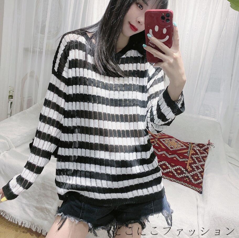 ニット レディース トップス セーター 長袖 クルーネック ボーダー柄 保温 大きいサイズ ゆったり カジュアル 黒 春 冬 秋