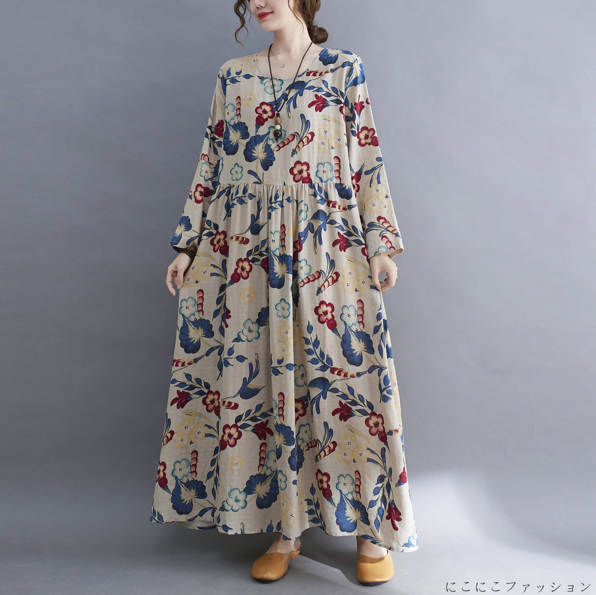 新生活 ワンピース レディース ロングワンピース マキシワンピース 花柄 プリント 可愛い かわいい ロング マキシ丈 コットン リネン 綿麻 きれいめ Aライン フレア 長袖 大きいサイズ 森ガール 体型カバー ゆったり 秋冬 春 夏