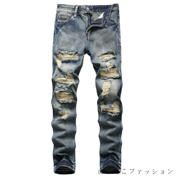 デニムパンツメンズ ダメージジーンズ Gパン ヴィンテージ ジーンズ ストレート ウォッシュ ダメージ ユーズド クラッシュデニム