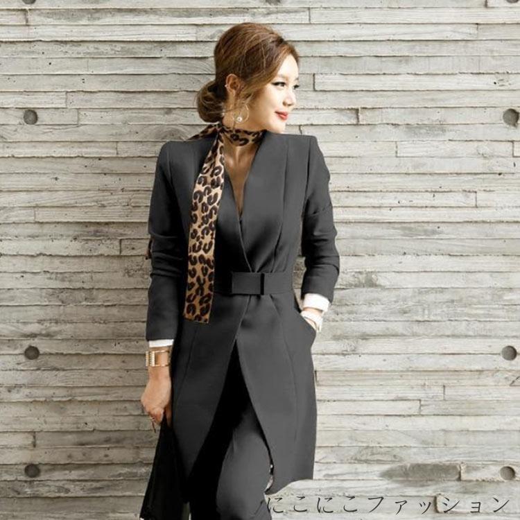 入学式 スーツ ママ パンツスーツ セットアップ フォーマルスーツ ジャケット パンツ ロング レディース 黒 ブラック 長袖 無地 シンプル フォーマル ビジネス オフィス 通勤 母 入学式 入園式 卒業式 卒園式 冠婚葬 スカーフ付き