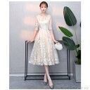 「50%OFFクーポン」新生活 パーティードレス 結婚式 ドレス 袖あり 二次会ドレス フレア ミディアム丈ドレス パーティドレス 二次会 ドレス 卒業式 成人式 大きいサイズ お呼ばれドレス