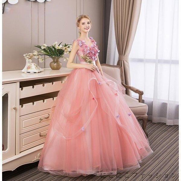 新生活 ウエディンドレスブルー ロング丈ピンク豪華レースVネックノースリーブ 気質優雅大きいサイズ 結婚式 二次会 演奏会 花嫁 撮影 編み上げ式