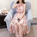 ワンピース レディース きれいめ 夏 シフォンワンピース ノースリーブ ワンピース 立体花柄 マキシワンピース ロング丈 Aライン ピンク 韓国風 大人可愛い 新作(4)