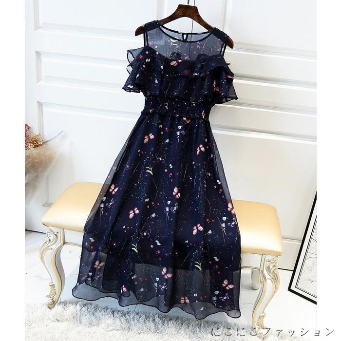 新生活 ワンピース レディース 40代 キレイめ マキシ丈ワンピース 春夏 半袖ワンピース きれいめ 蝶プリント シフォン オシャレ大きいサイズ 大人通勤 お出かけ 30代