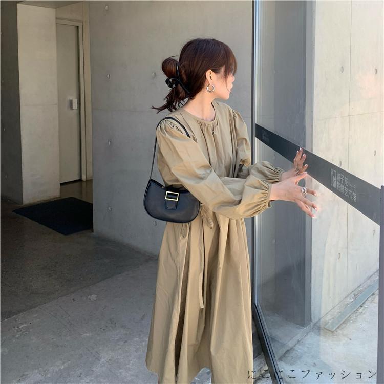 新生活 シャツワンピース レディース 通勤 OL 韓国風ワンピース 春秋 ロングワンピースワンピース 無地 スリット マキシワンピース