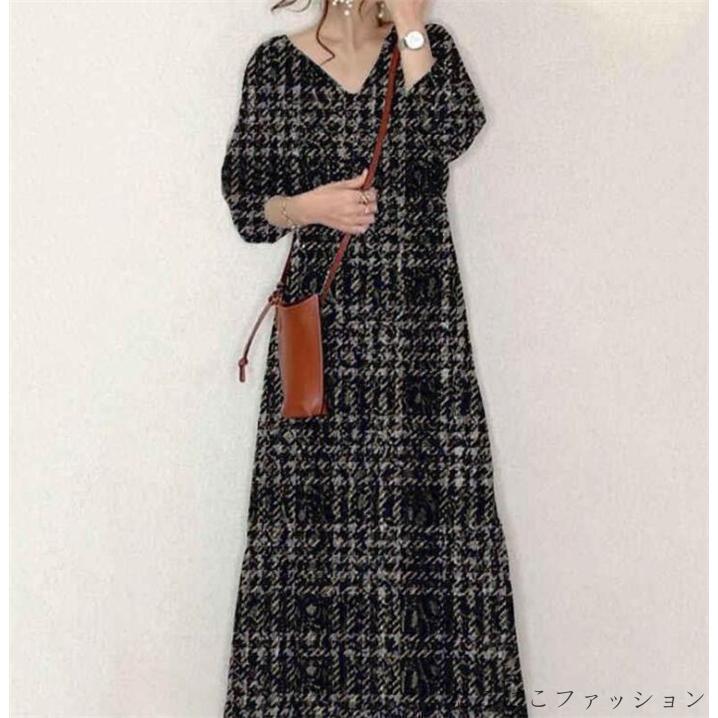 ワンピース レディース 40代 秋冬 マキシ丈 通勤着 可愛い ゆったり 体型カバー長袖 ロングワンピース vネック ワンピース チェック柄 30代 40代 50代