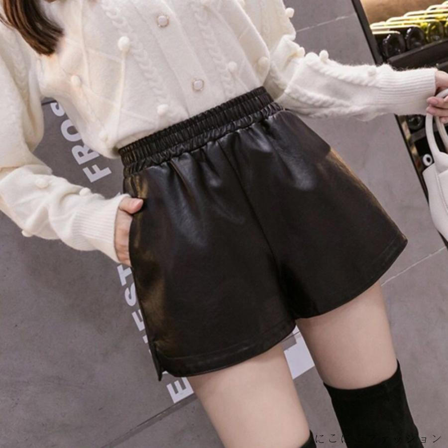 新生活 フィイクレザー ショートパンツ レディース ウエストゴム 短パン スリット入り ハイウエスト ボ..