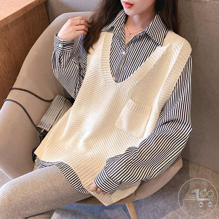 全3色×7サイズ！ニットベスト レディース ニット ベスト ノースリーブ Vネック ノースリーブニット プルオーバー トップス アシメトリー 胸ポケット 大人 可愛い シンプル 無地 秋 冬