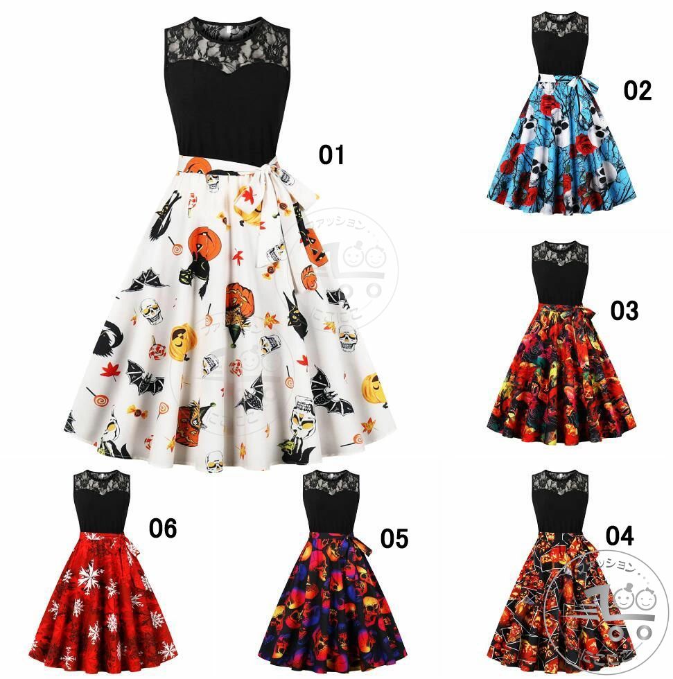 レディース ハロウィンワンピース レースワンピース ノースリーブ ゆったり Hallowe'en カジュアル ハ..