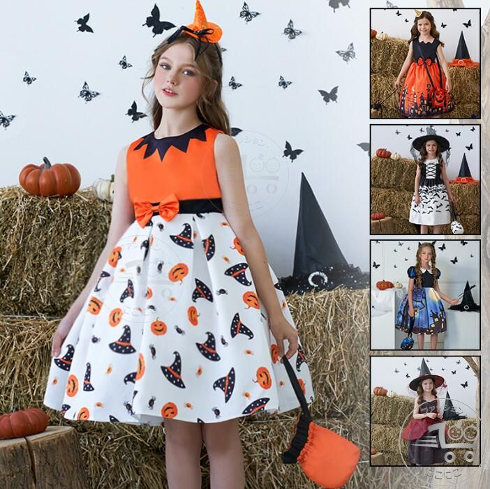 子供ハロウィンワンピース ハロウィン元素プリント子供ドレス ワンピース+カバン2点セットアップ Hallo..
