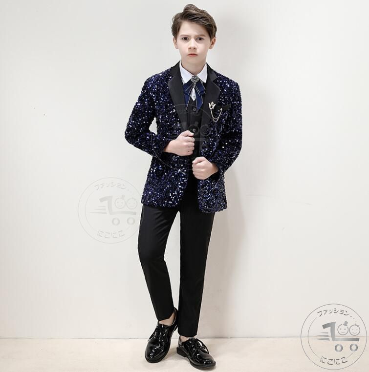 子ども演出服 王子様 貴公子 演奏会 スパンコール ネイビー 男の子貴族風子ども用タキシードスーツセットアップ キッズスーツセットアップ 貴族服装 パーティー ...