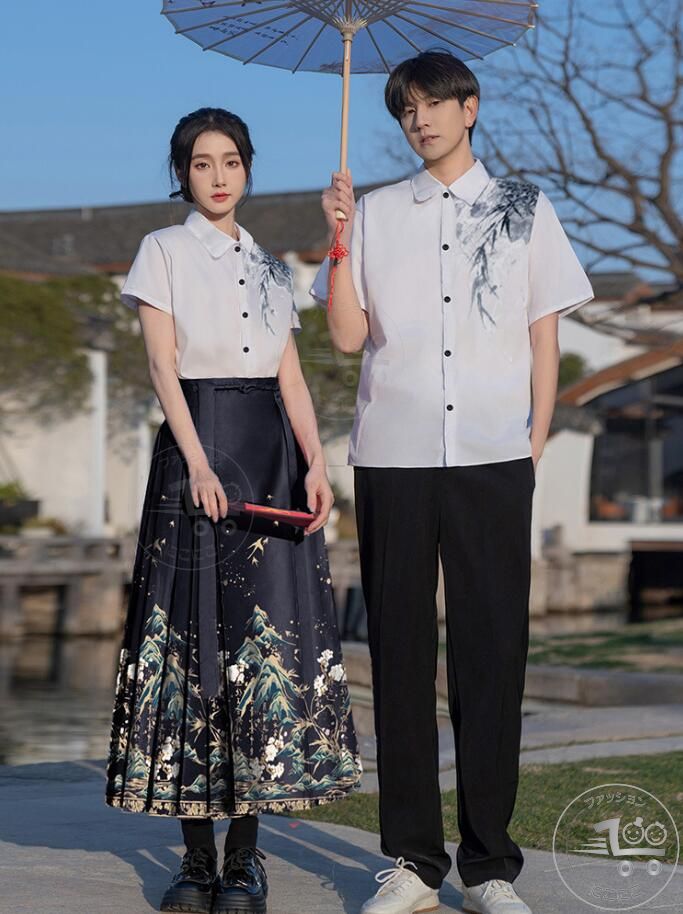 カップルペア漢服 夏初中高生大学生お揃い衣装 イベント 改良中華風トップスロング丈プリーツスカート メンズパンツセット 合唱団 普段着 舞台演出服 部活卒業式入学式夏新作ペアルック ハロウィン コスチューム ダンス