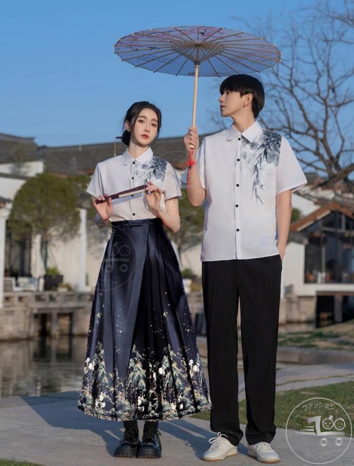 カップルペア漢服 夏初中高生大学生お揃い衣装 イベント 改良中華風トップスロング丈プリーツスカート メンズパンツセット 合唱団 普段着 舞台演出服 部活卒業式入学式夏新作ペアルック ハロウィン コスチューム ダンス